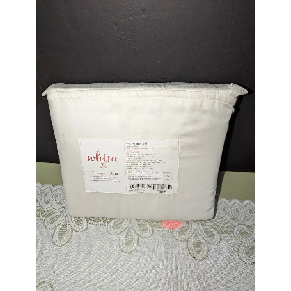 Whim by Martha Stewart TWIN XL Sheet Set Solid Hem WHITE/POM BLUE D9Z107